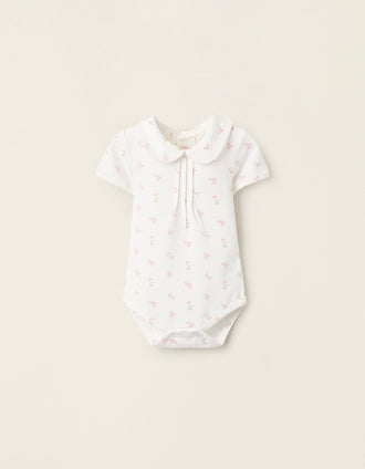 Body-Blouse Floral en Coton pour Nouveau-Née, Blanc/Rose