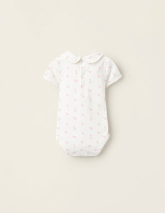 Body-Blouse Floral en Coton pour Nouveau-Née, Blanc/Rose