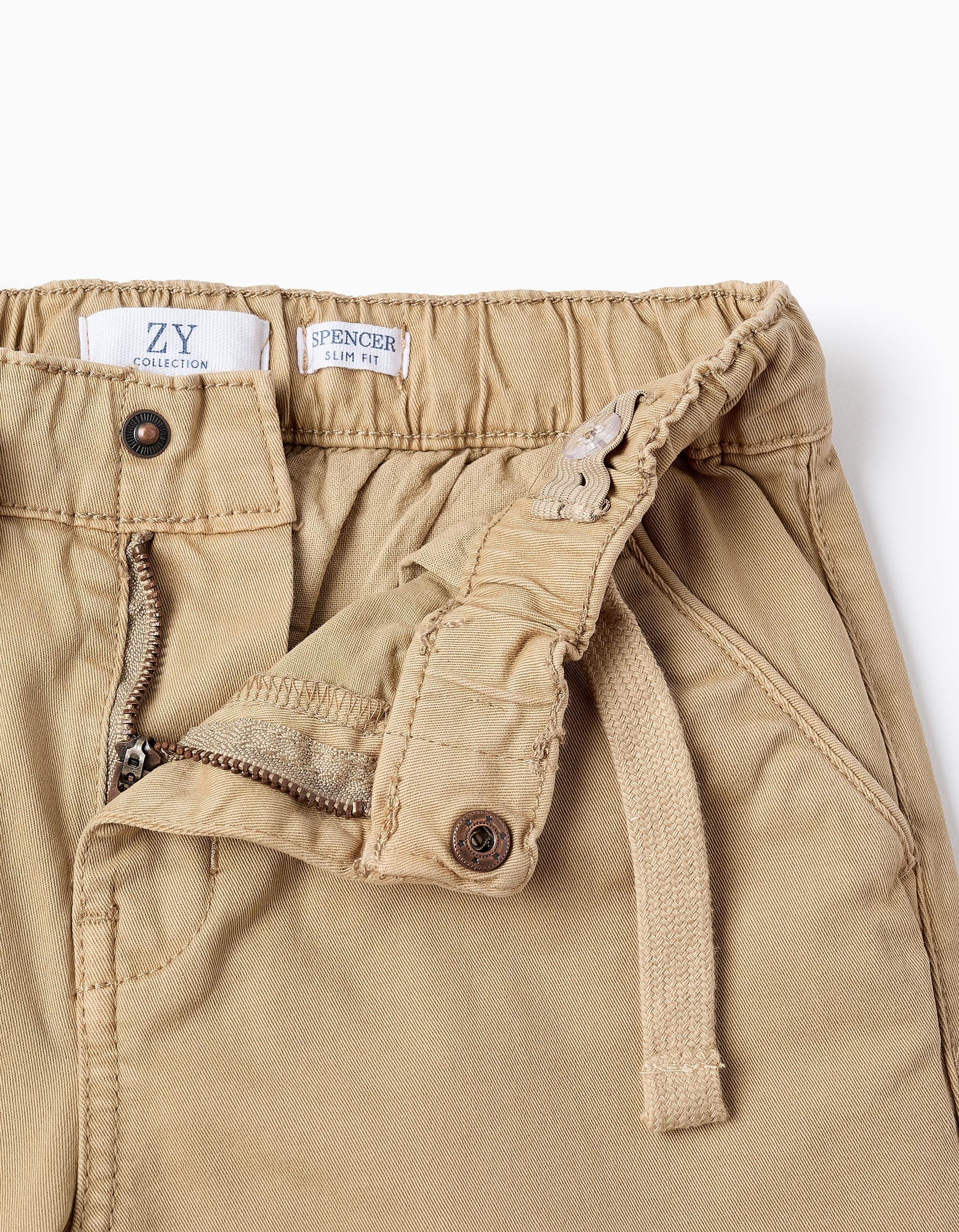 Twill Drawstring Trousers for Boys, Beige