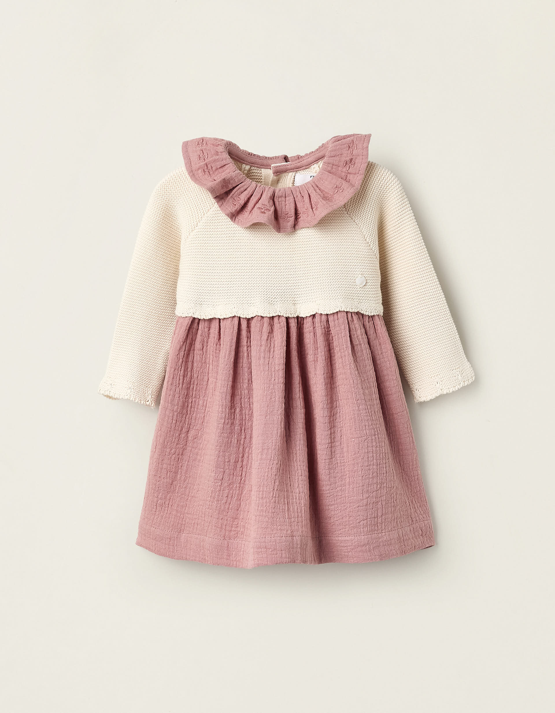 Dual-fabric Dress with Embroidery for Newborn Girls, Pink/Beige