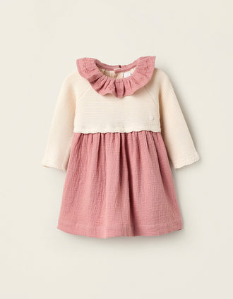 Robe Combinée avec Broderies pour Nouveau-Née, Rose/Beige