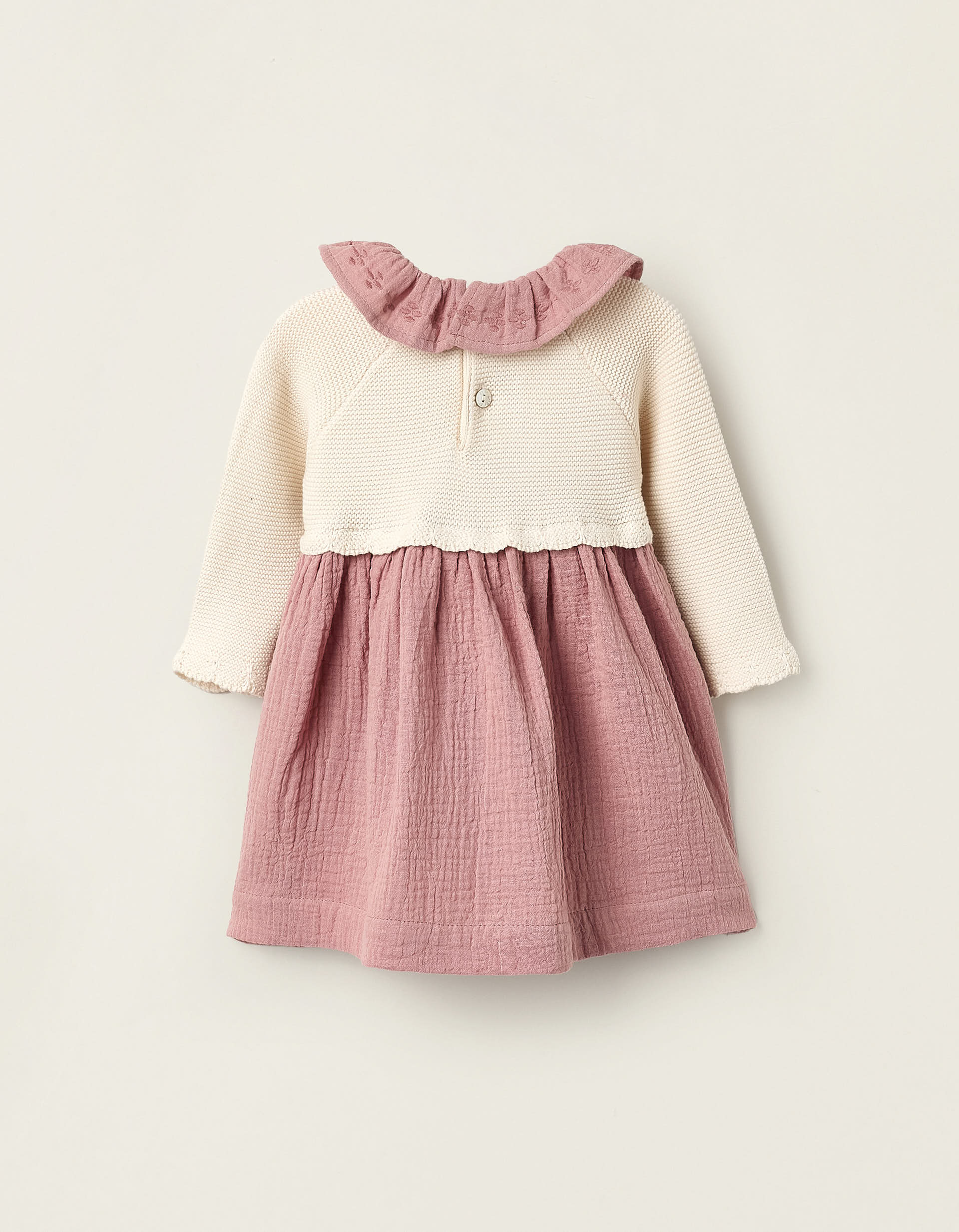 Dual-fabric Dress with Embroidery for Newborn Girls, Pink/Beige