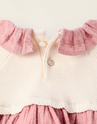 Dual-fabric Dress with Embroidery for Newborn Girls, Pink/Beige