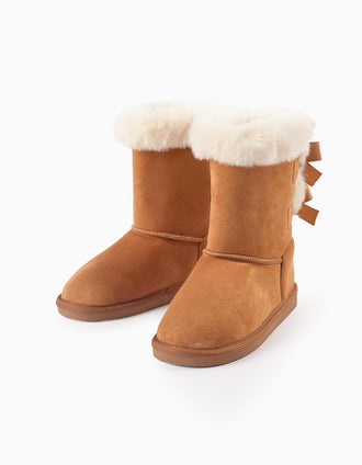 Botas de Antelina con Pelo y Lazos para Niña, Camel