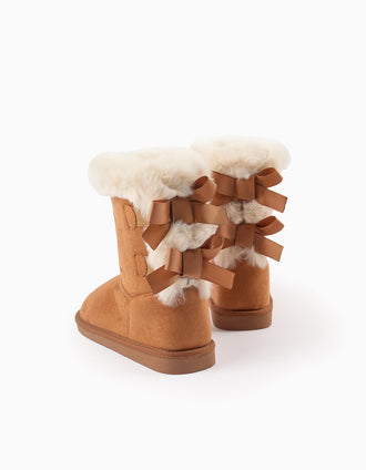 Botas de Antelina con Pelo y Lazos para Niña, Camel