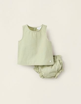 Top + Cubre pañal en Algodón y Lino para Recién Nacida 'B&S', Verde