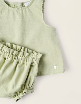 Top + Cubre pañal en Algodón y Lino para Recién Nacida 'B&S', Verde