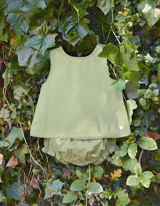 Top + Cubre pañal en Algodón y Lino para Recién Nacida 'B&S', Verde