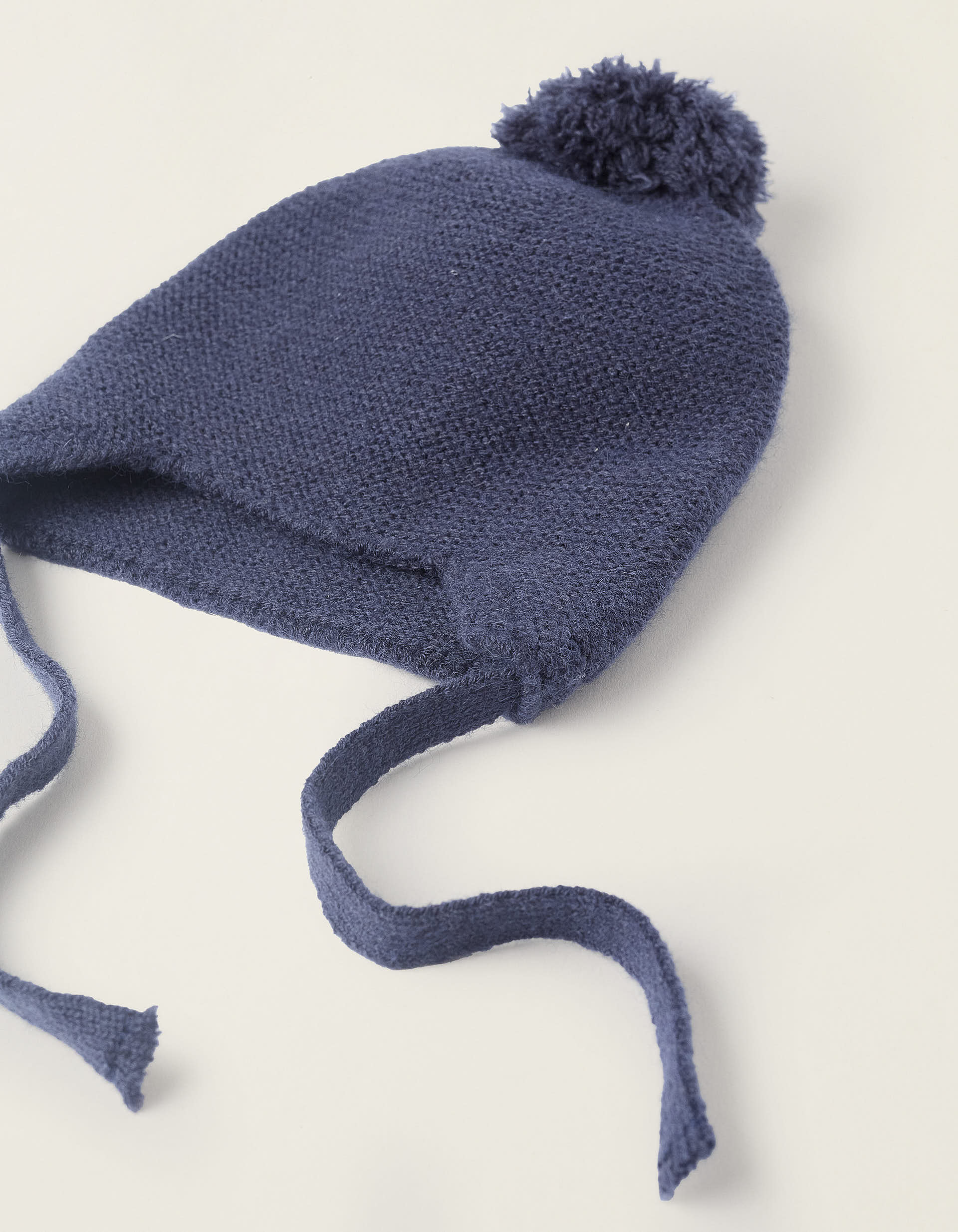 Beanie with Pompom and Side Straps for Newborns, Dark Blue