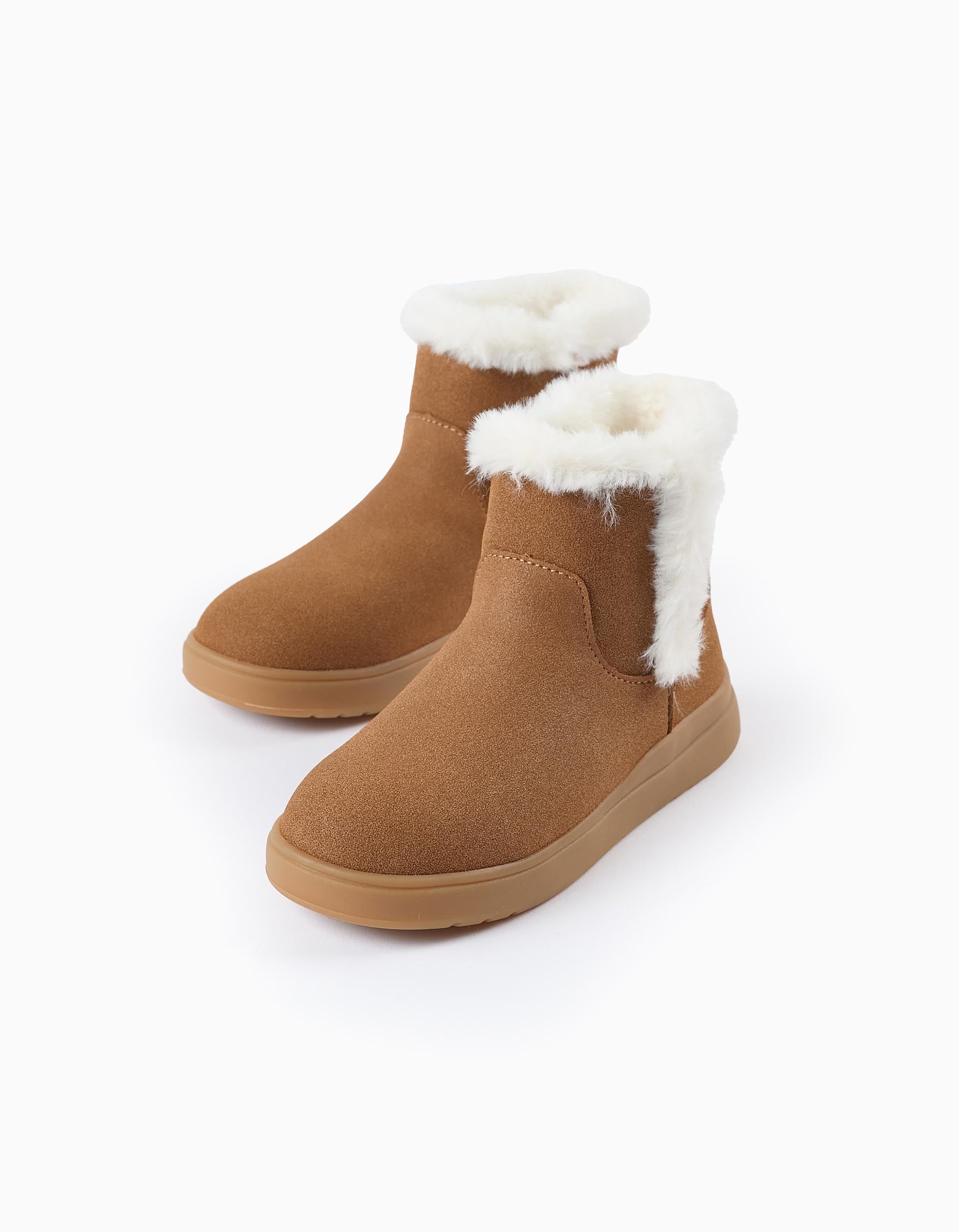 Suedine Boots with Faux Fur for Girls, Camel/White