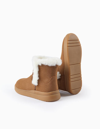 Botas de Antelina con Pelo para Niña, Camel/Blanco