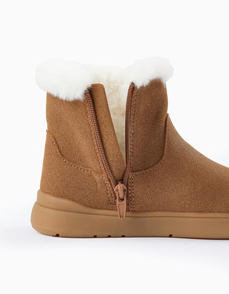 Botas de Antelina con Pelo para Niña, Camel/Blanco