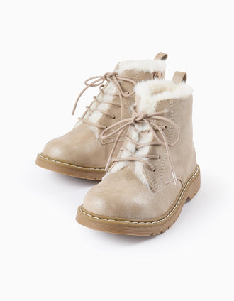 Botas Brillantes con Pelo para Niña, Beige/Blanco