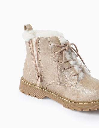 Botas Brillantes con Pelo para Niña, Beige/Blanco