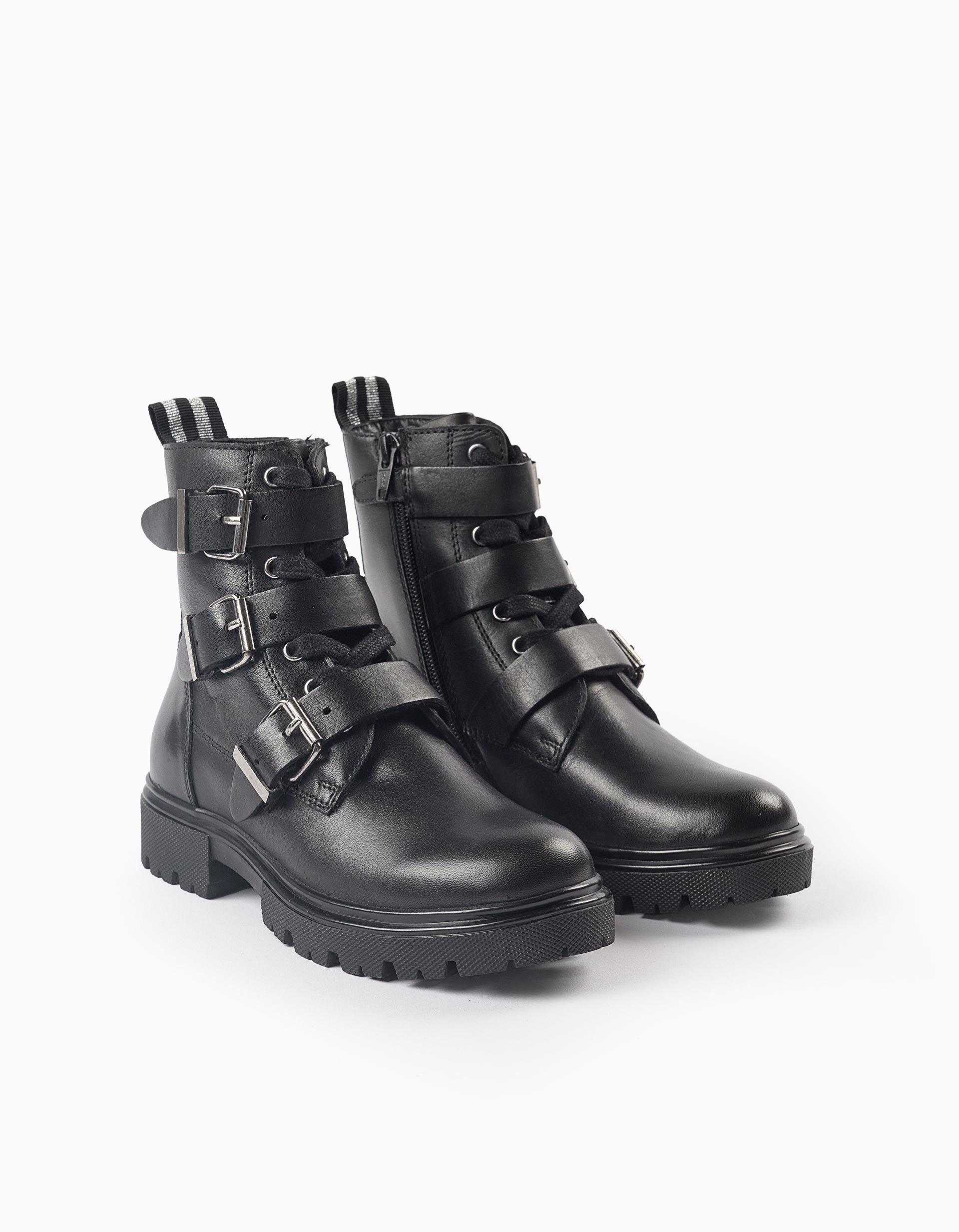 Leather Biker Boots with Buckles for Girls, Black