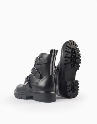 Botas Biker de Piel con Hebillas para Niña, Negro