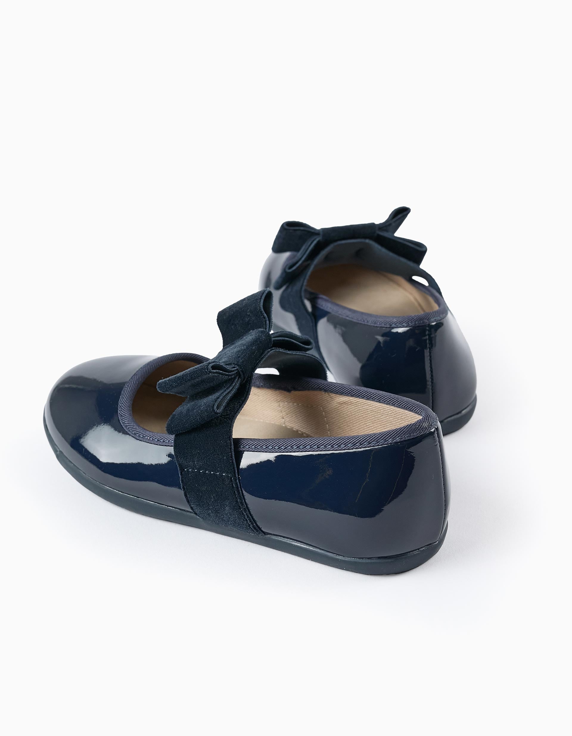 Patent Ballerina Flats with Velvety Bow for Girls, Dark Blue