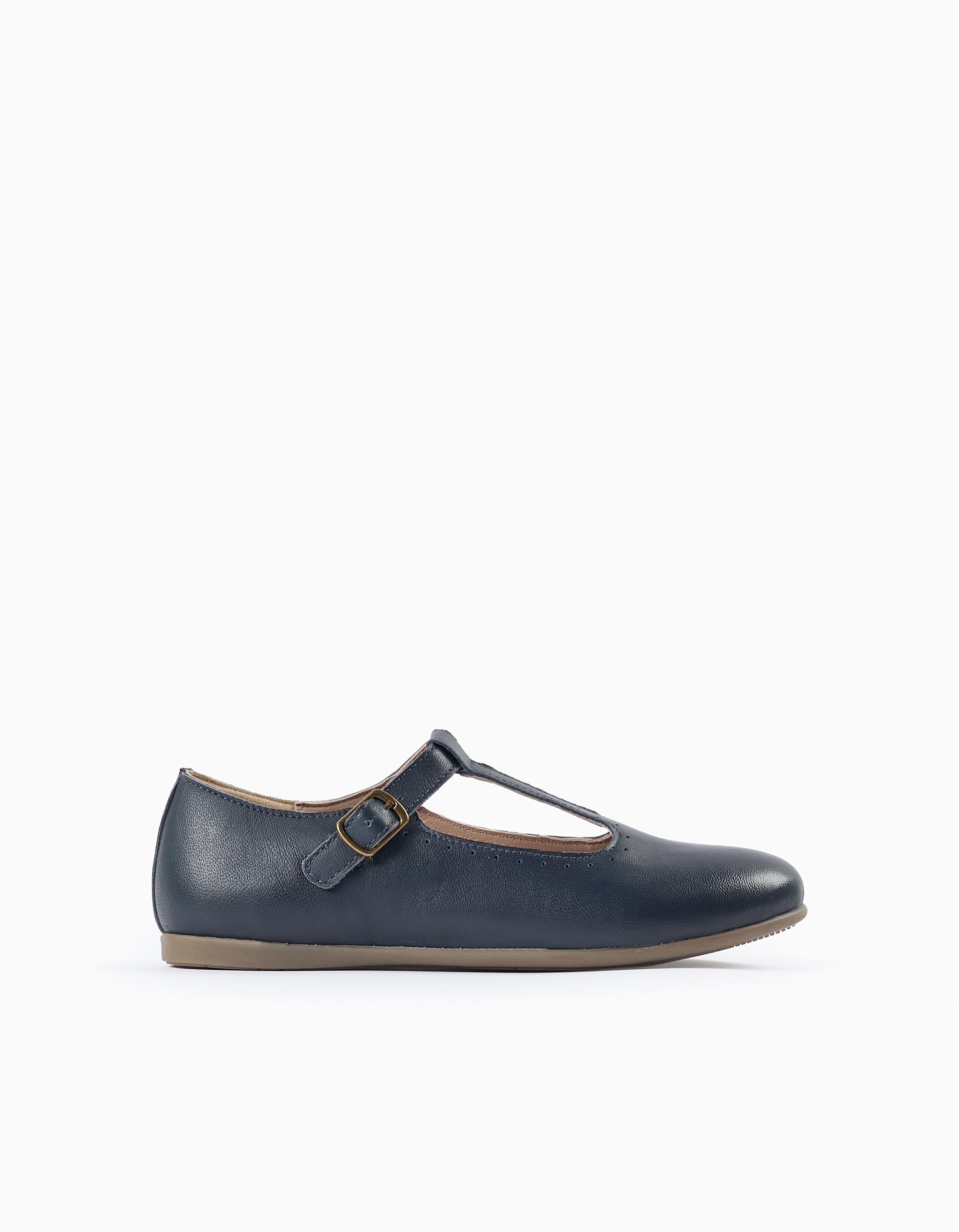 Leather Ballerina Flats for Girls, Dark Blue