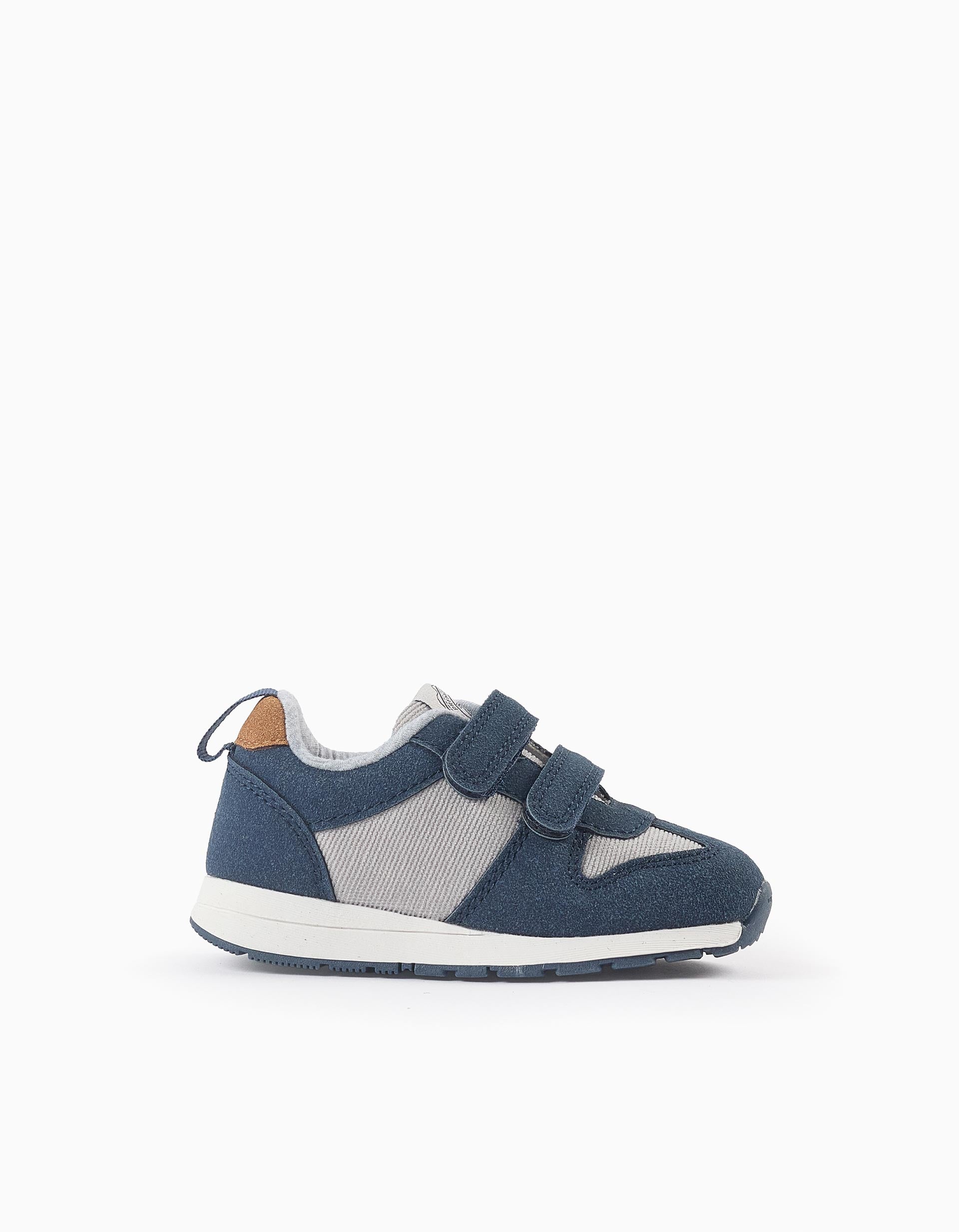 Suedine and Corduroy Trainers for Baby Boys, Blue/Grey