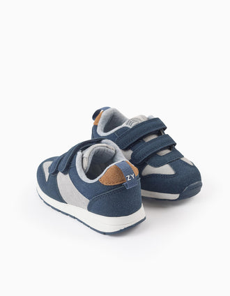 Baskets en Suédine et Velours Côtelé pour Bébé Garçon, Bleu/Gris