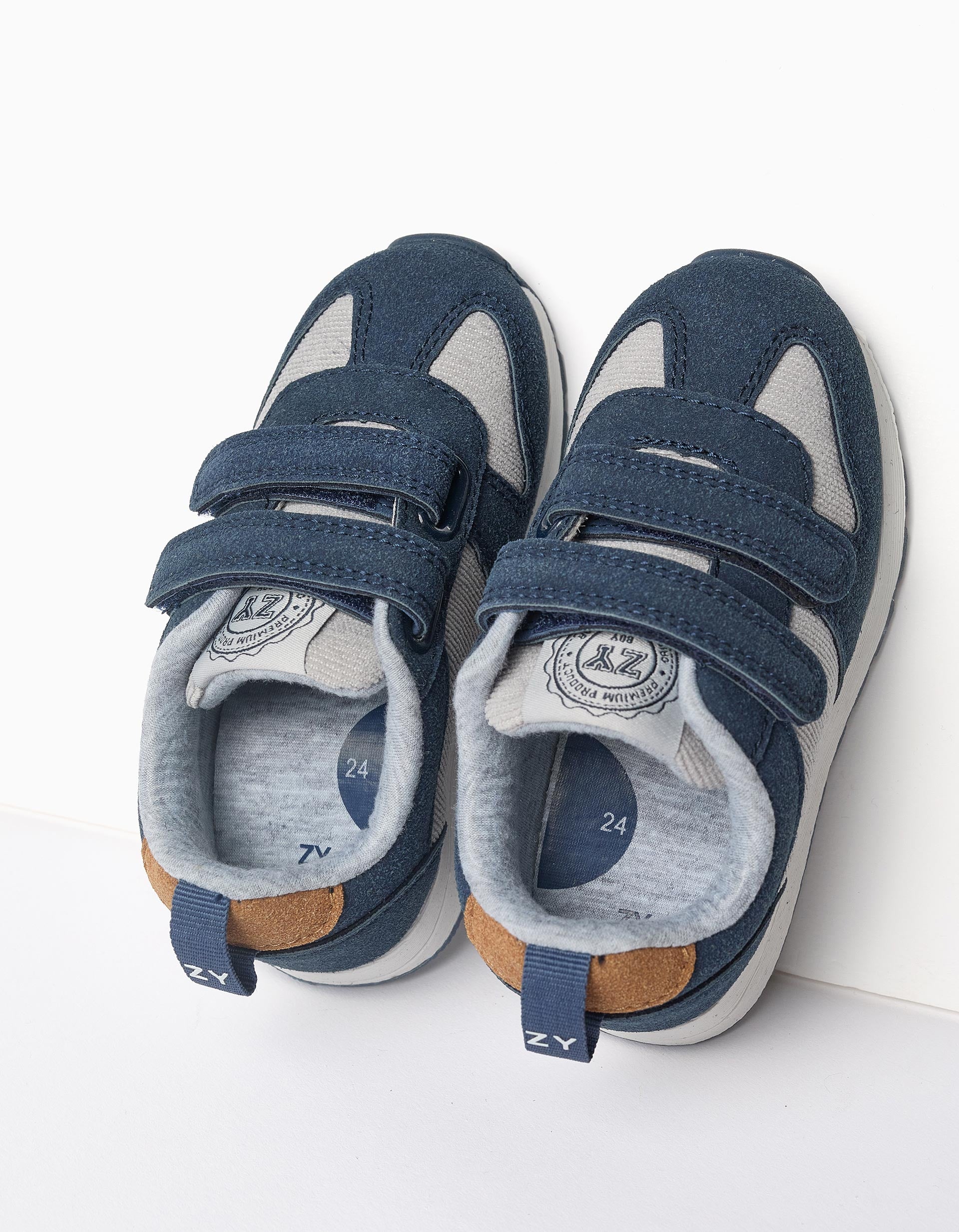 Suedine and Corduroy Trainers for Baby Boys, Blue/Grey