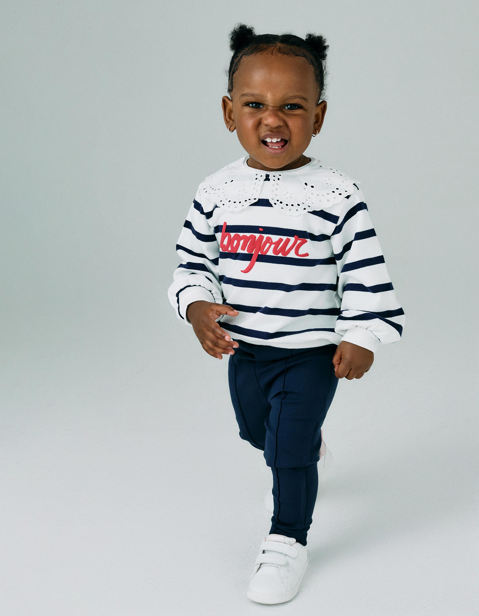 Striped Sweatshirt with Broderie Anglaise for Baby Girls, White/Navy Blue