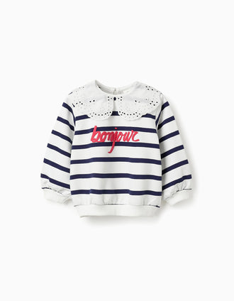 Sweat às Riscas com Gola de Bordado Inglês para Bebé Menina, Branco/Azul Escuro