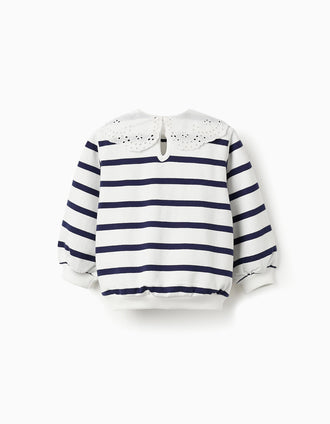 Sweat às Riscas com Gola de Bordado Inglês para Bebé Menina, Branco/Azul Escuro