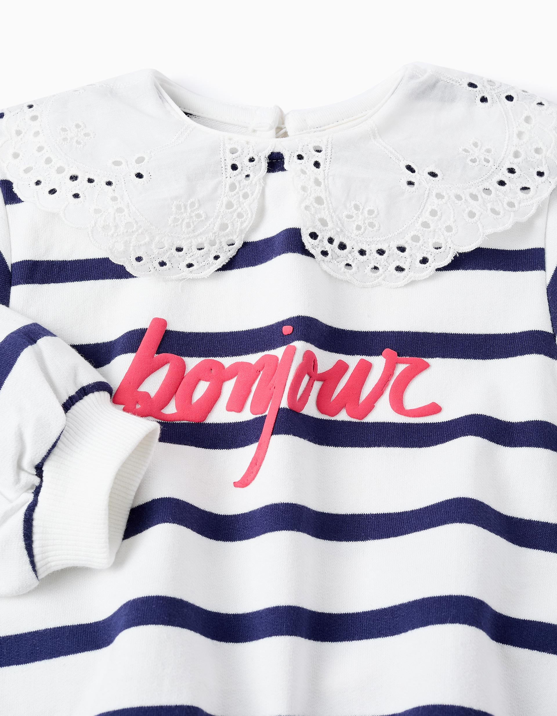 Striped Sweatshirt with Broderie Anglaise for Baby Girls, White/Navy Blue