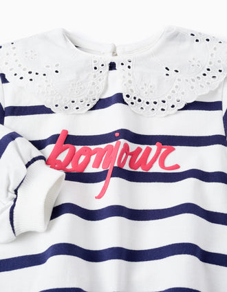 Sweat às Riscas com Gola de Bordado Inglês para Bebé Menina, Branco/Azul Escuro