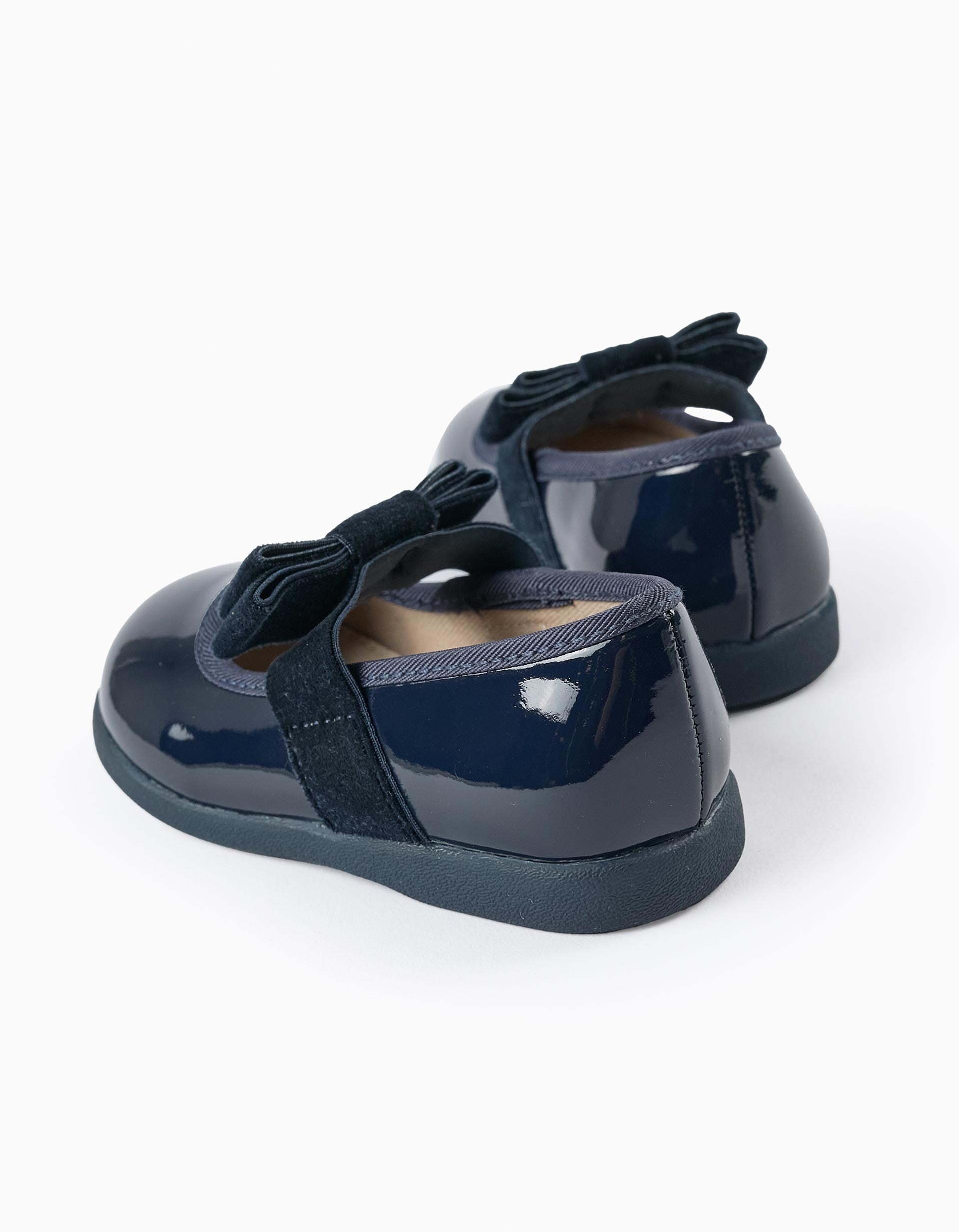 Patent Ballerina Flats with Velvety Bow for Baby Girls, Dark Blue