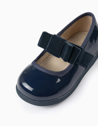 Sabrinas de Verniz com Laço de Veludo para Bebé Menina, Azul Escuro