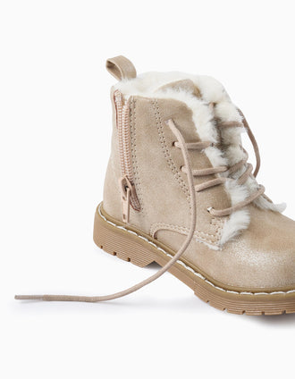 Botas Brillantes con Pelo para Bebé Niña, Beige/Blanco