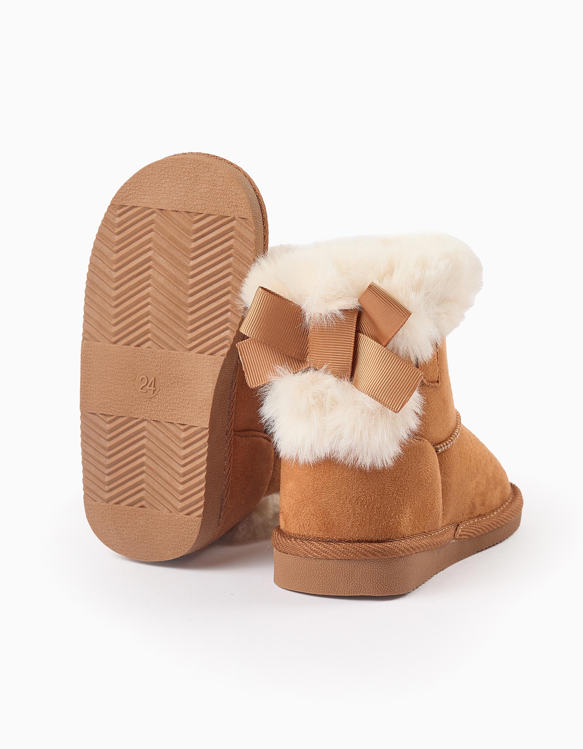 Suedine Boots with Fur and Bow for Baby Girls, Camel