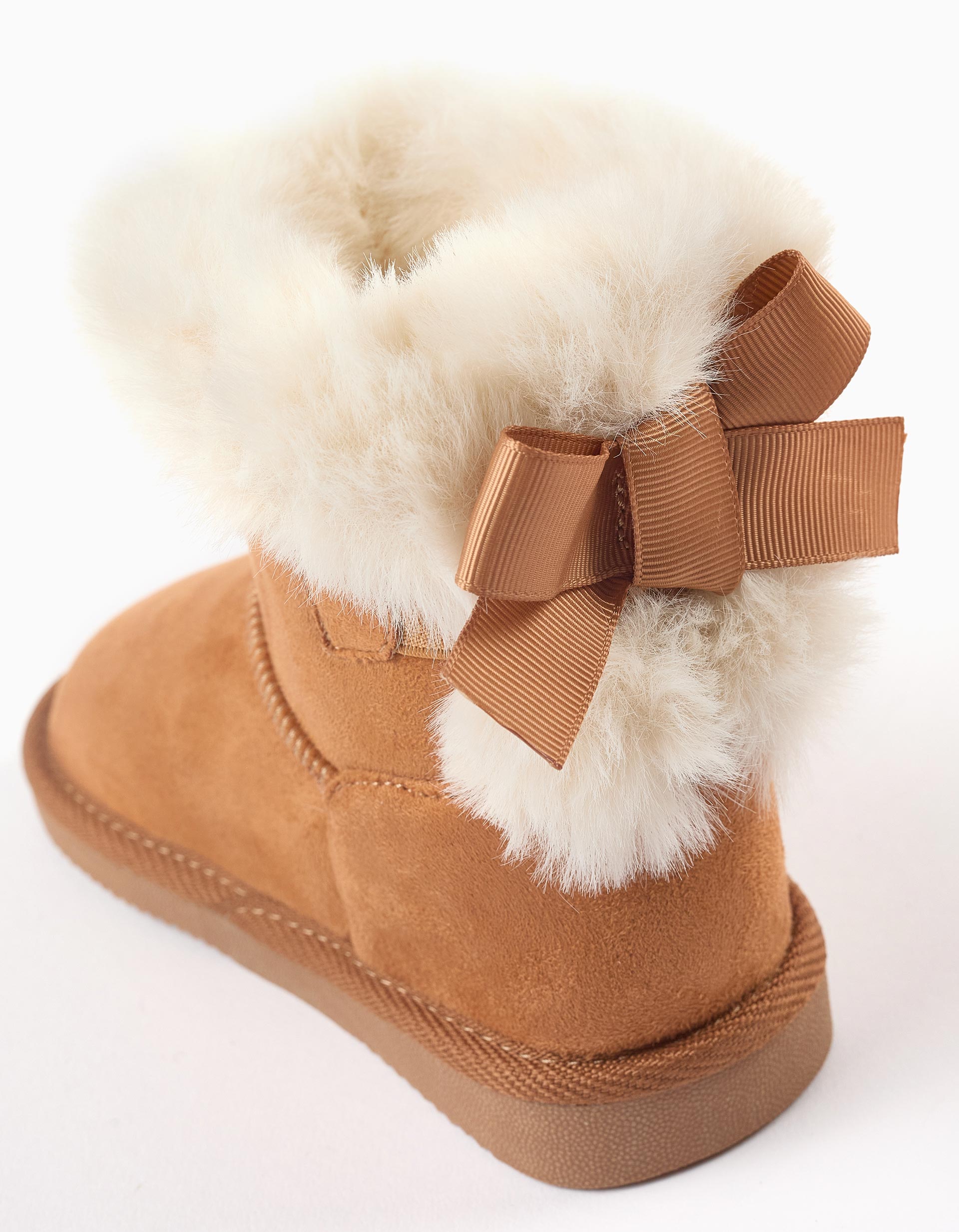 Suedine Boots with Fur and Bow for Baby Girls, Camel