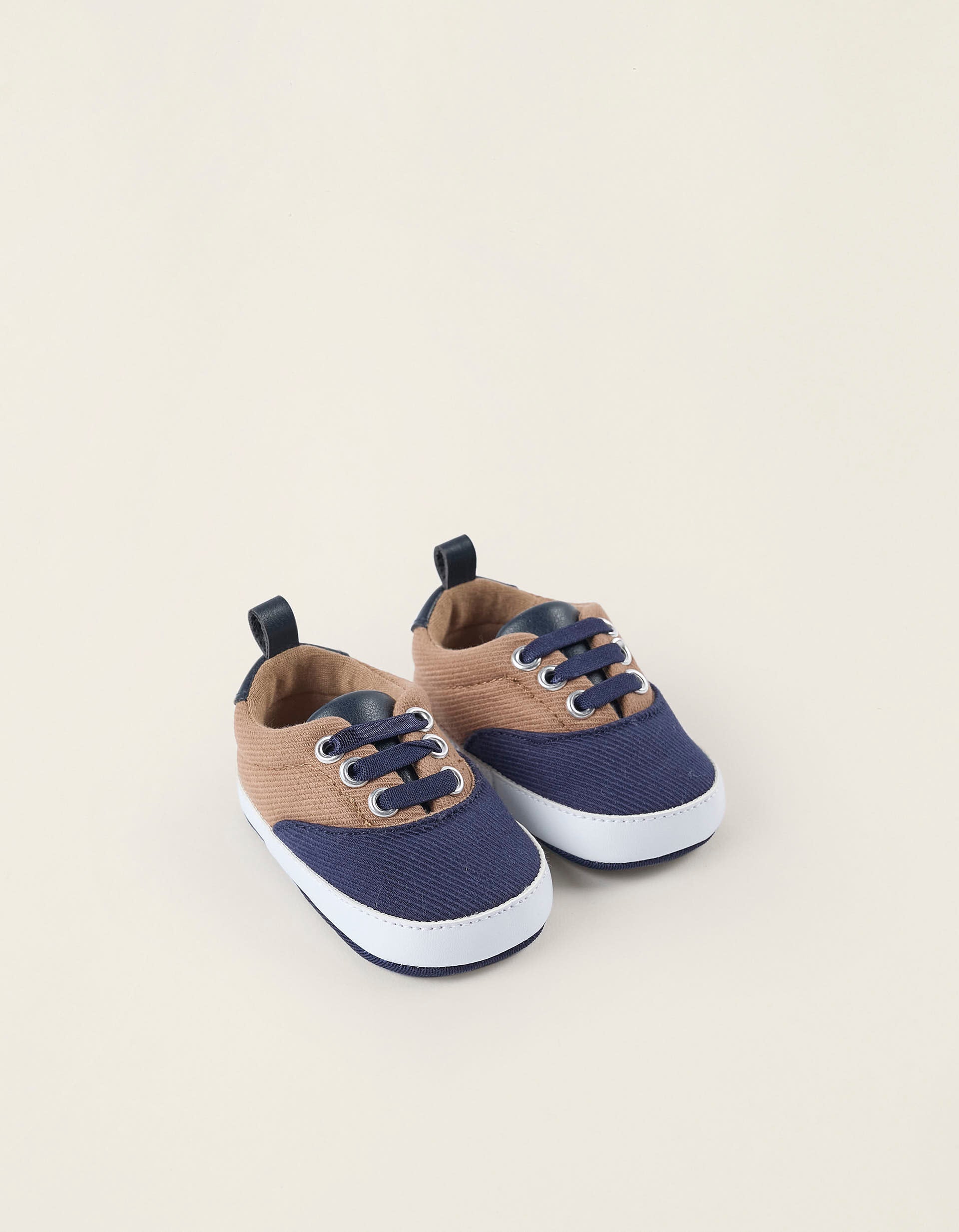 Fabric Trainers for Newborn Boys, Dark Blue/Camel