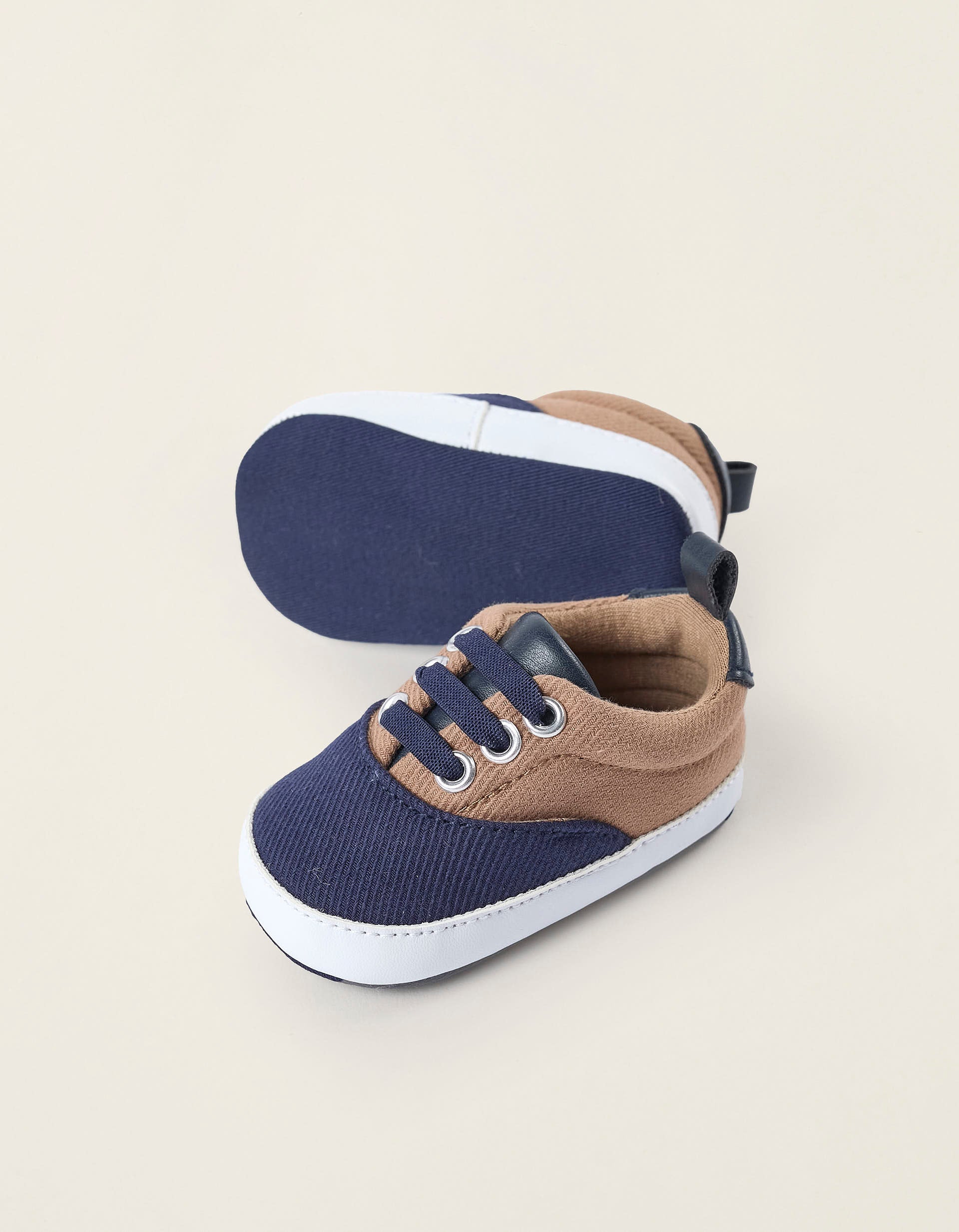 Fabric Trainers for Newborn Boys, Dark Blue/Camel