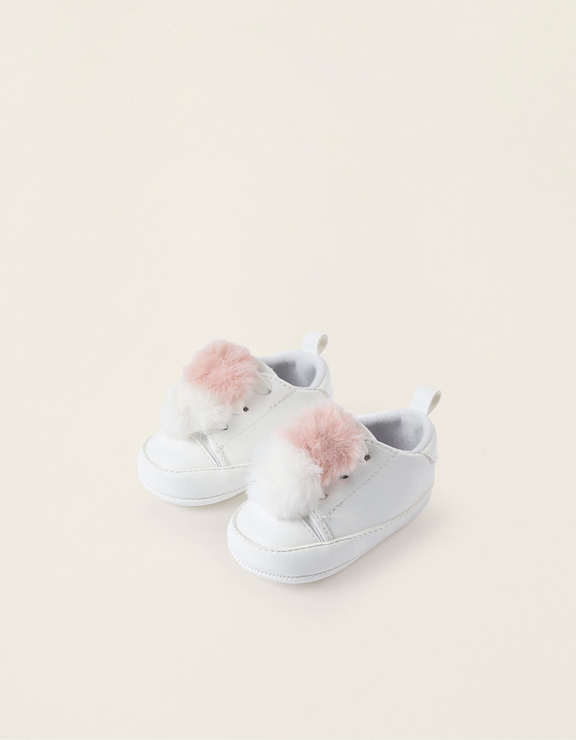 Trainers with Pompons for Newborn Girls, White/Pink