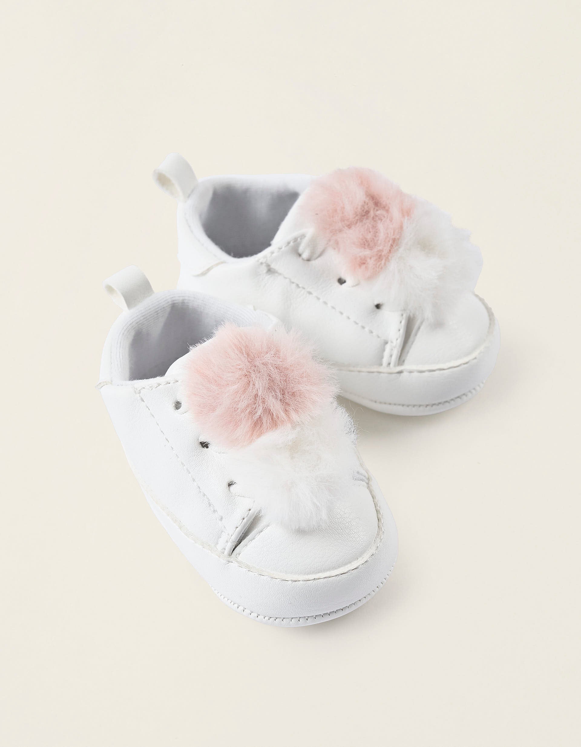 Trainers with Pompons for Newborn Girls, White/Pink