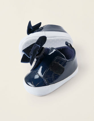 Zapatos de Charol con Lazada para Recién Nacida, Azul Oscuro