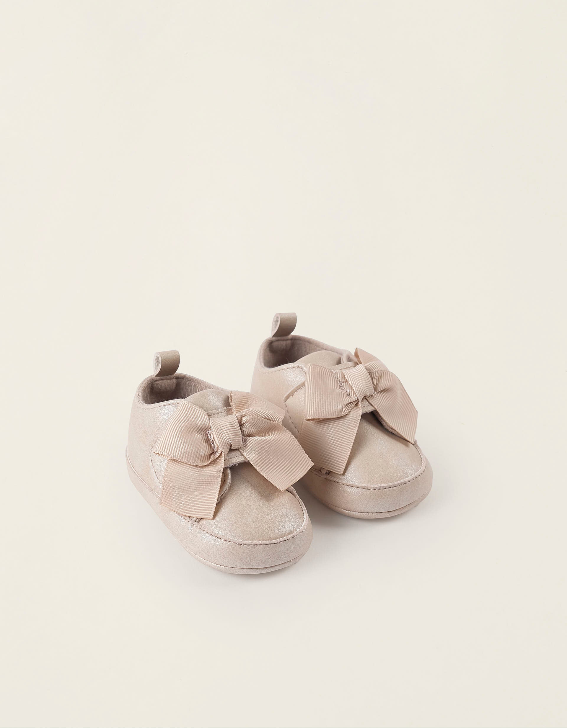 Suedette Shoes with Bow for Newborn Girls, Beige