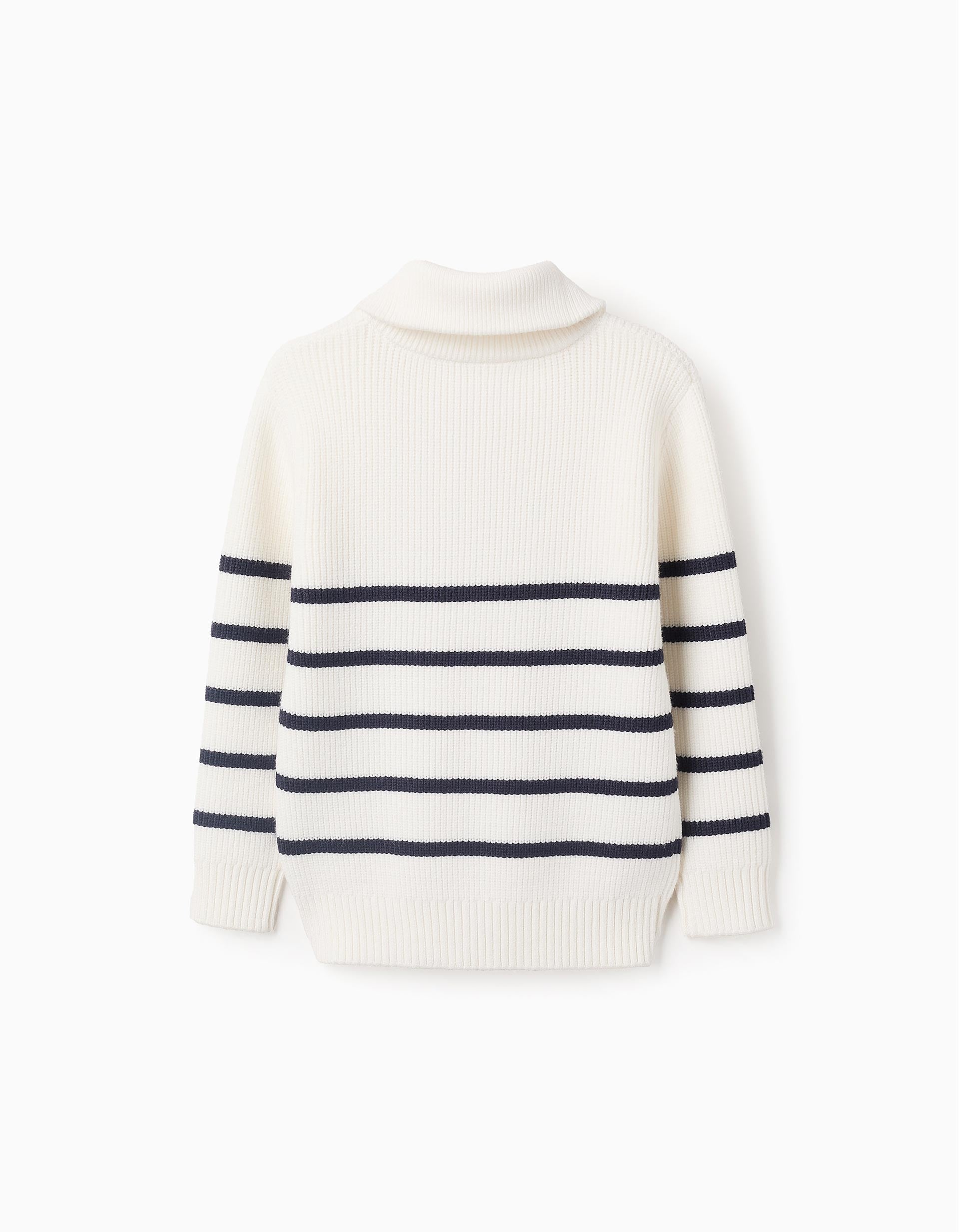 Ribbed Knit Jumper with Stripes for Boys, White/Blue