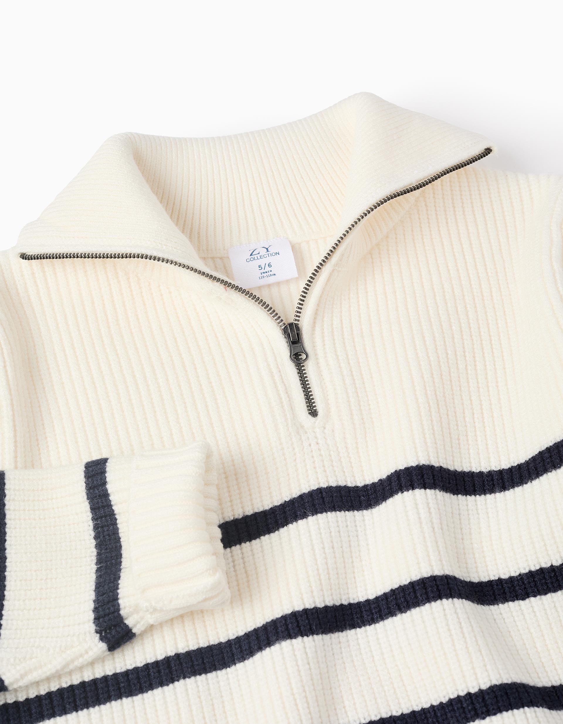 Ribbed Knit Jumper with Stripes for Boys, White/Blue