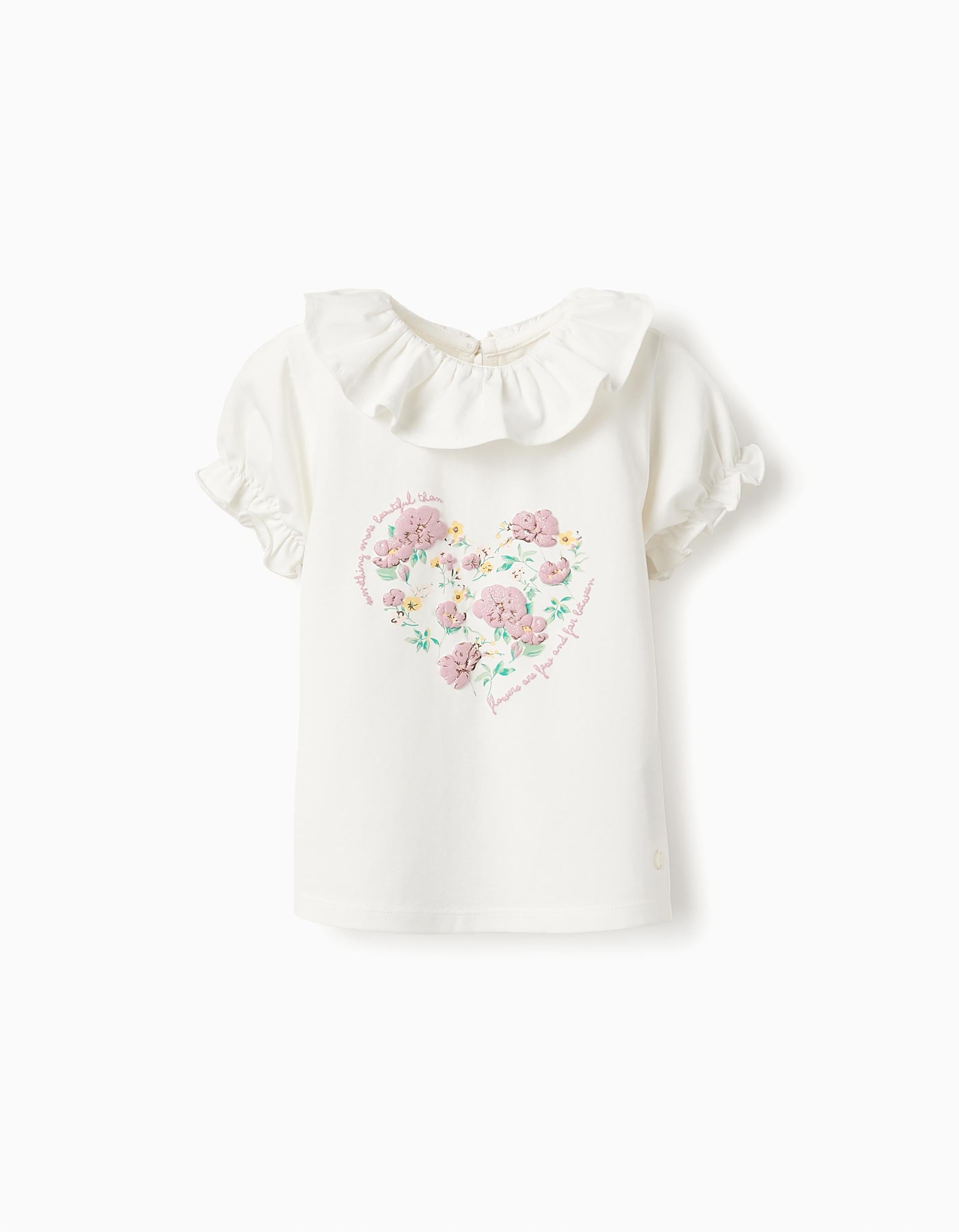 T-shirt with Flowers and Ruffles for Baby Girls, White