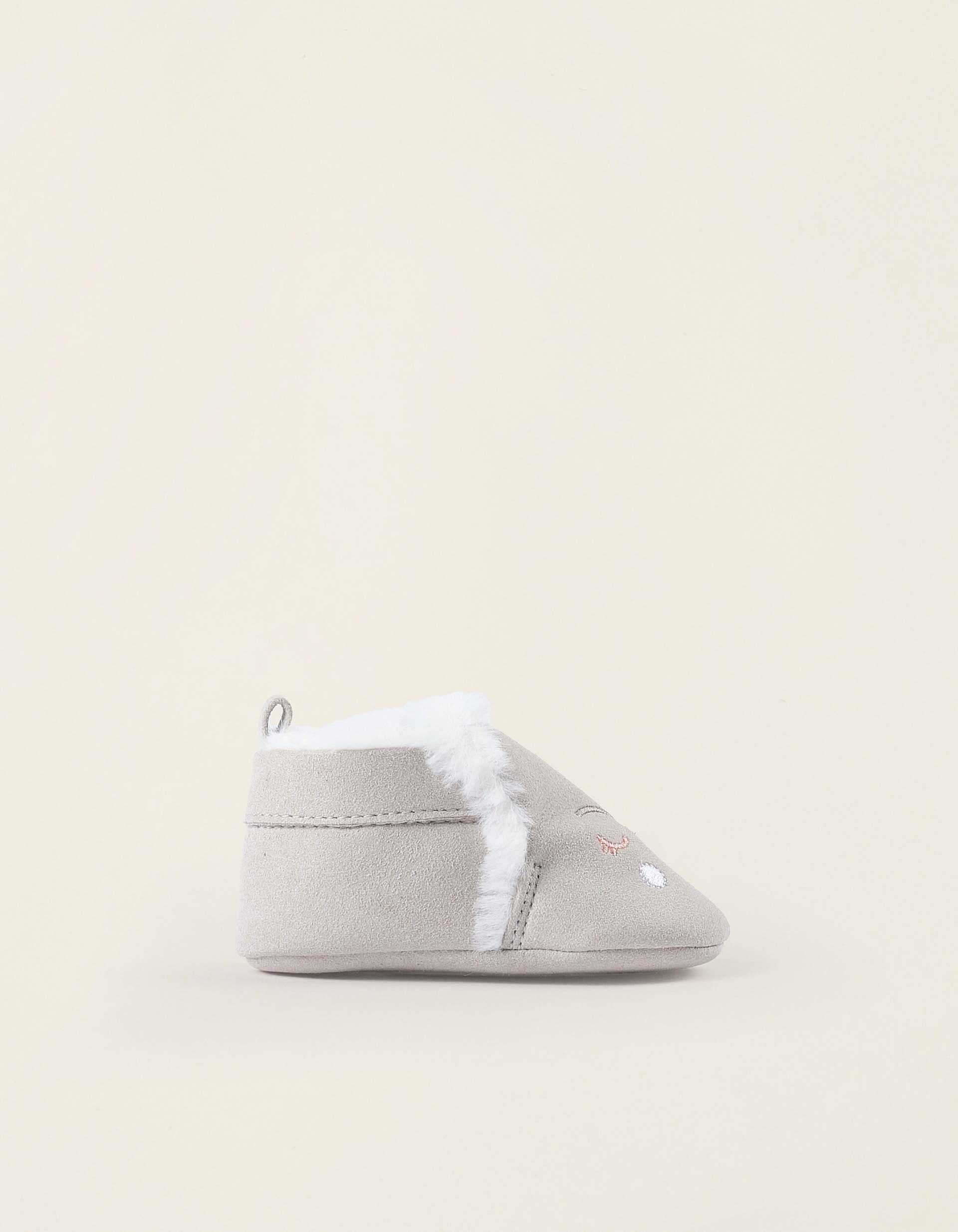 Shoes with Embroidery and Faux Fur Lining for Newborn Girls, Grey