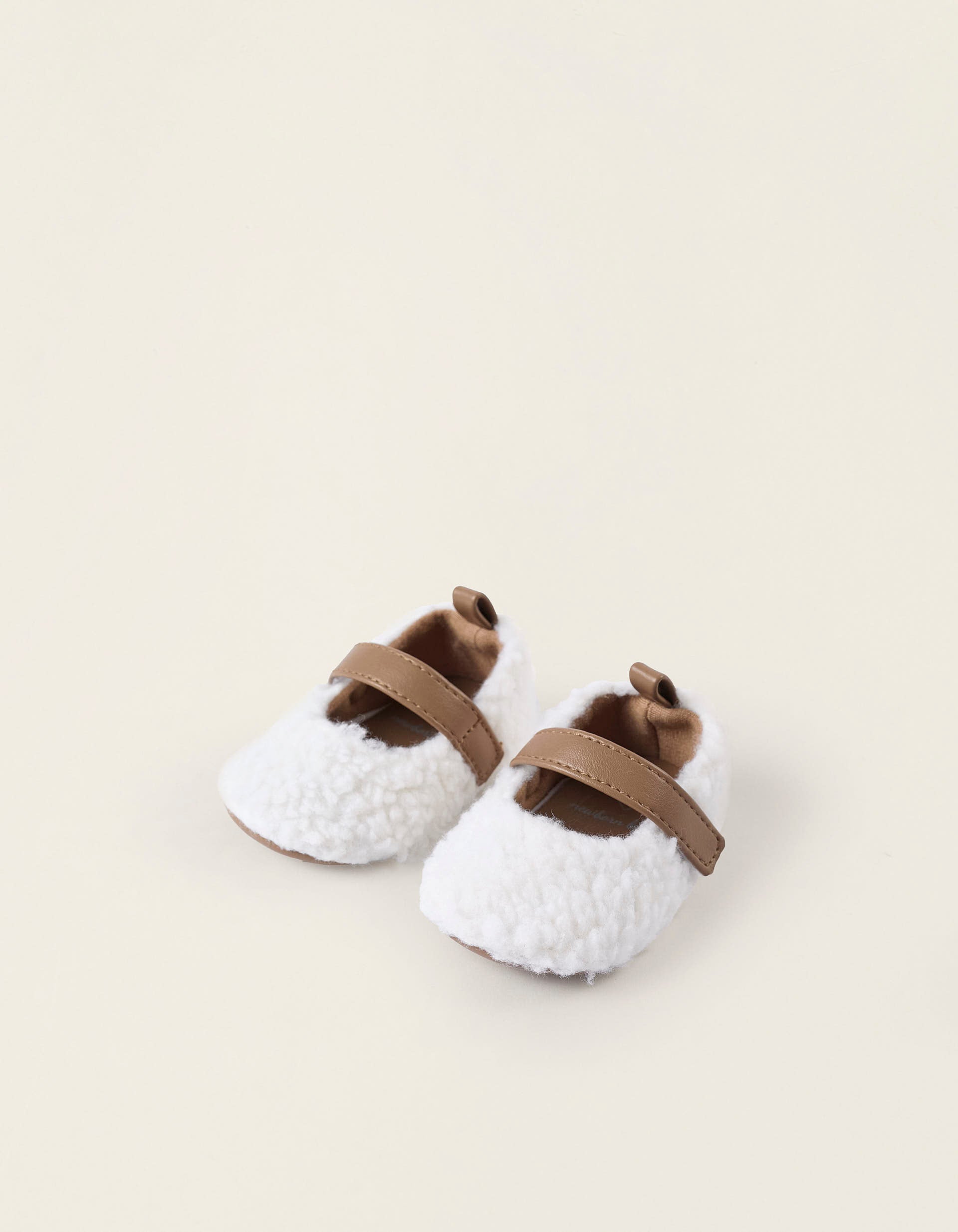 Ballerines Sherpa pour Nouveau-née, Blanc/Marron