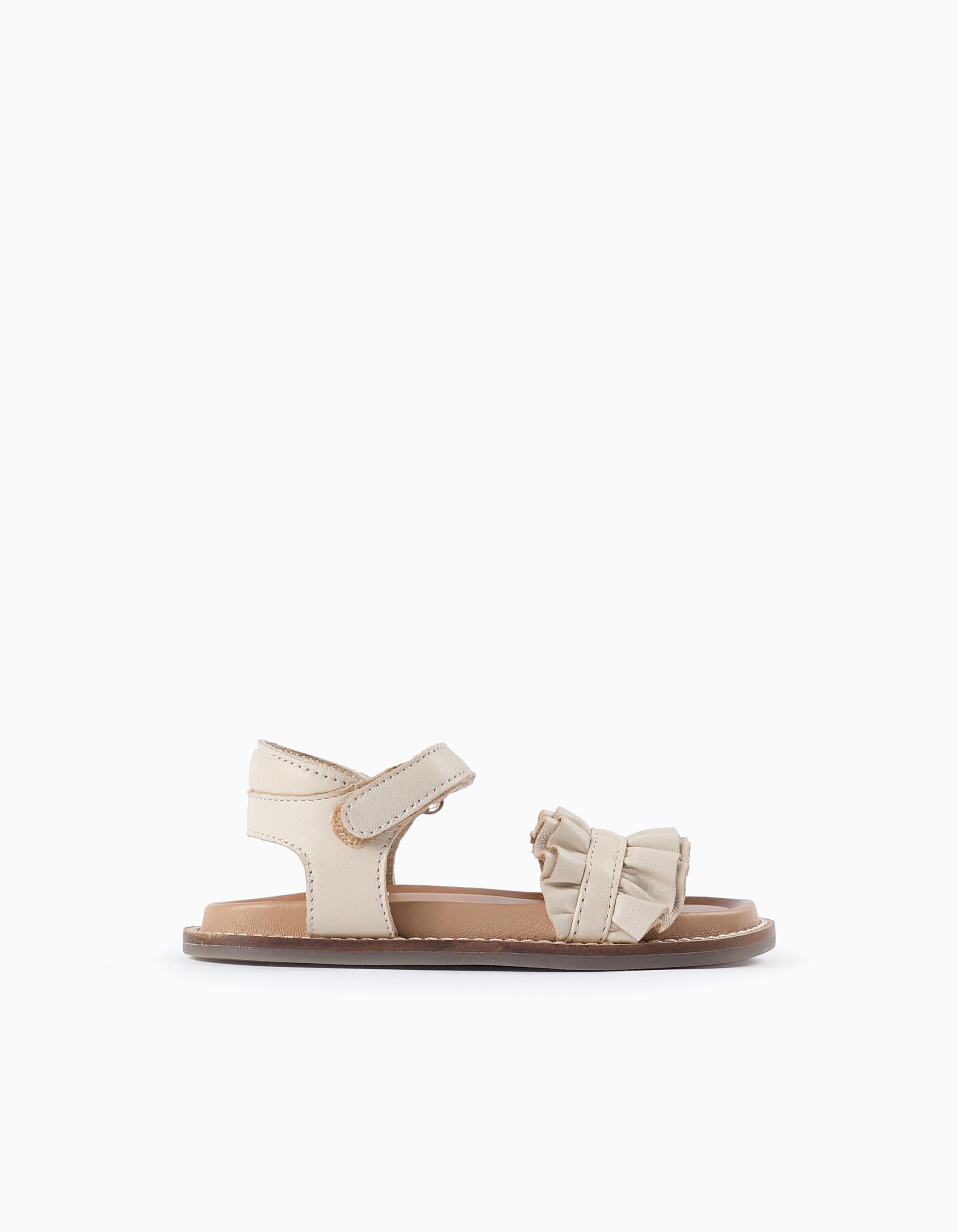 Leather Sandals with Ruffles for Baby Girls, Beige