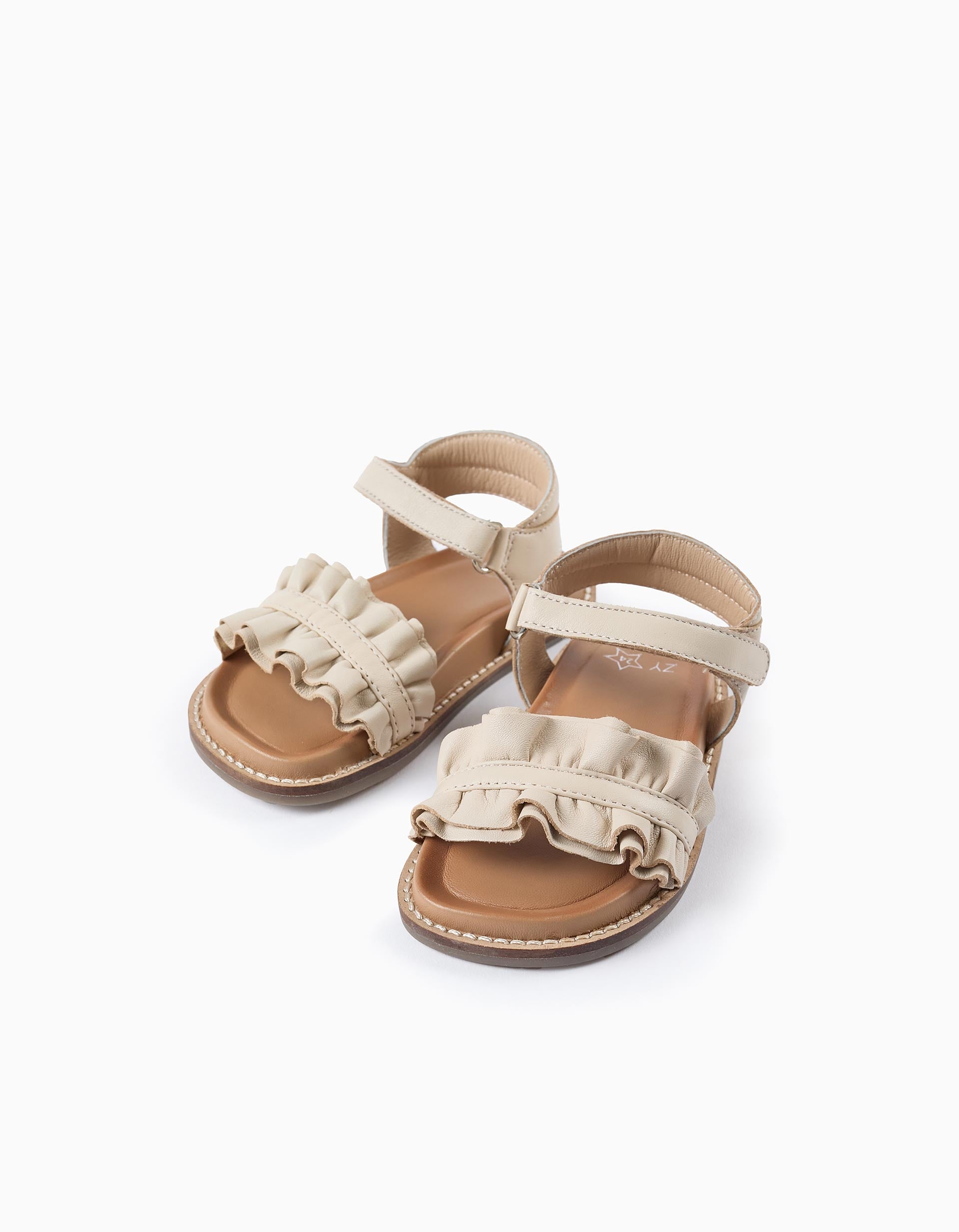 Leather Sandals with Ruffles for Baby Girls, Beige