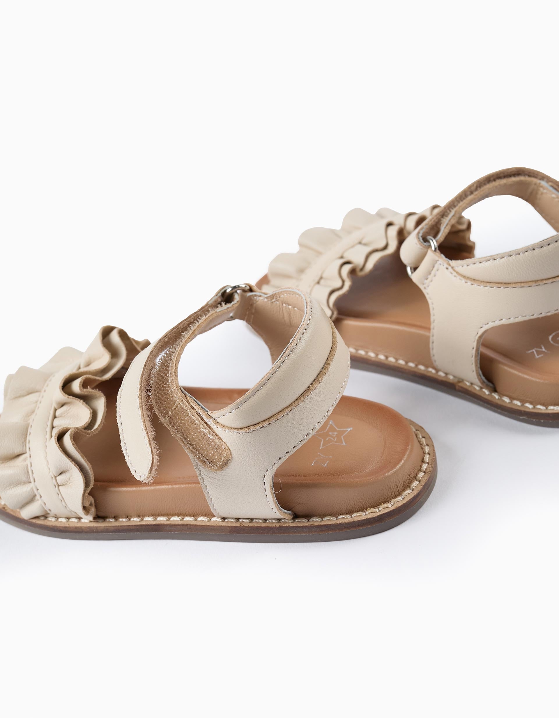 Leather Sandals with Ruffles for Baby Girls, Beige