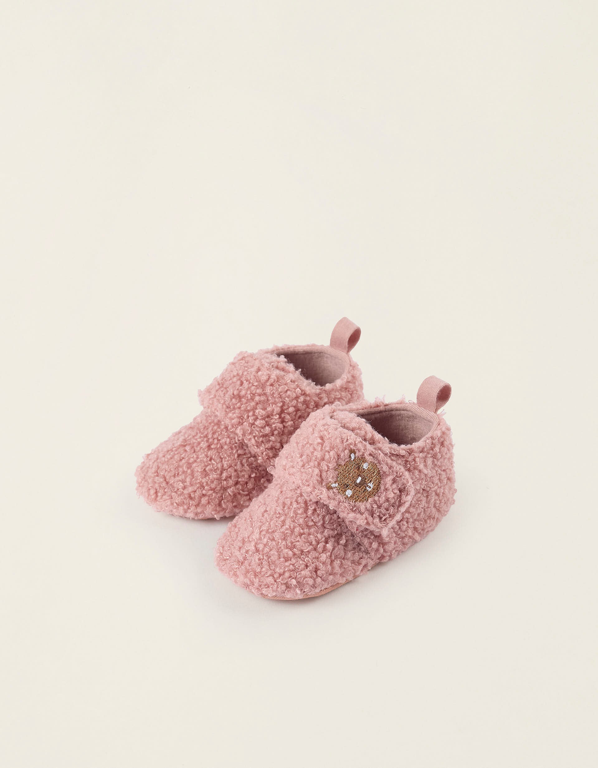 Sherpa Shoes with Embroidery for Newborn Girls, Pink